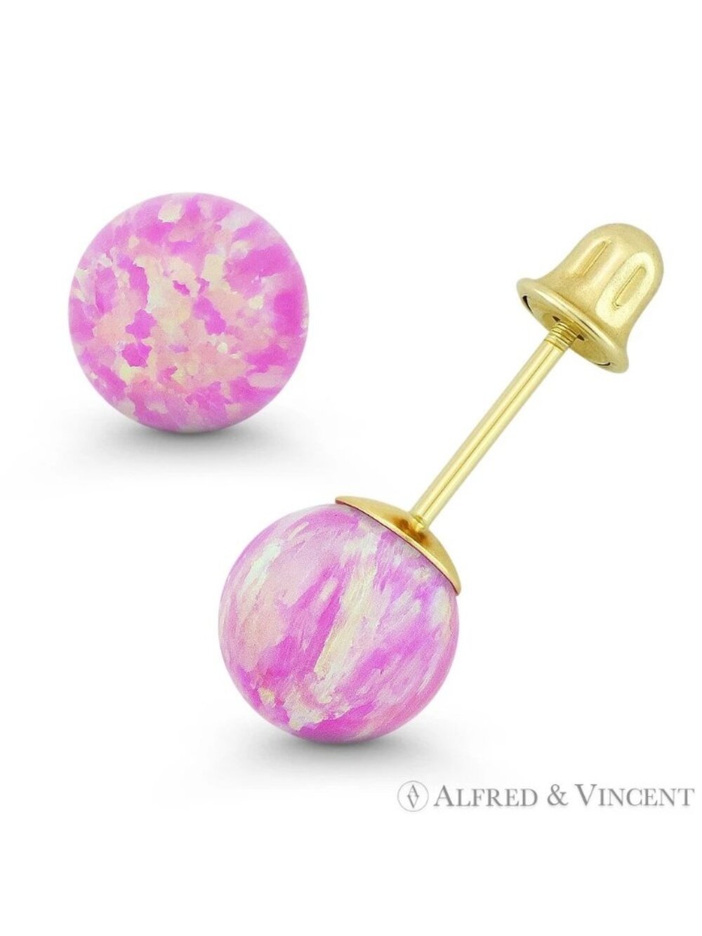 Fiery Angel-Skin Pink Synthetic Opal Screwback Stud Earrings in 14k Yellow Gold